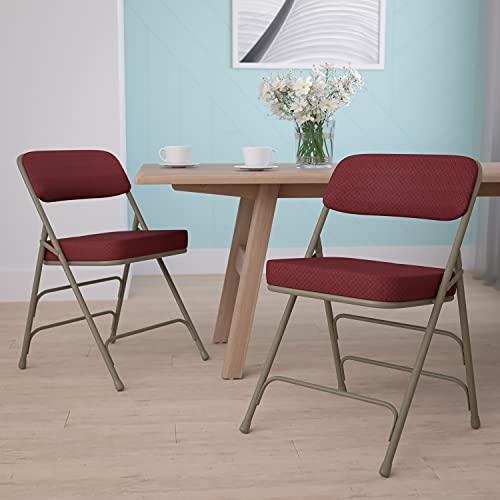 Burgundy Fabric Folding Chairs Set of 2 with Cushioned Seat, Gray Frame, 300lb Capacity