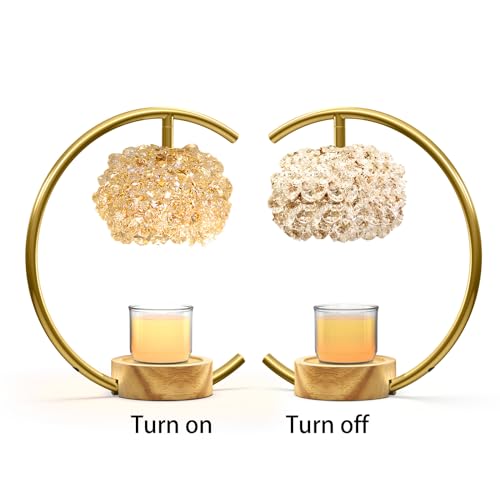 Yeuslor Gold Candle Warmer Lamp with Adjustable Brightness & Timer, Handcrafted Crystal & Wooden Base, C-Shaped Home Decor