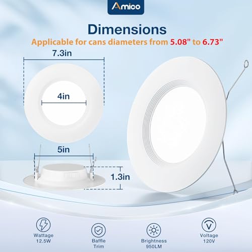 Amico 6 Pack 6 Inch Recessed LED Can Lights with 5 CCT, White, E26 Retrofit Trim Kit