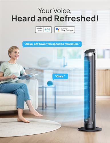 DREO Silver Smart Tower Fan 28dB, 90° Oscillating, 11.42x11.42x40in