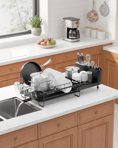 Extendable Dish Drying Rack Black - Adjustable Kitchen Drain Organizer with Cutlery & Cup Holders - Standard Variation