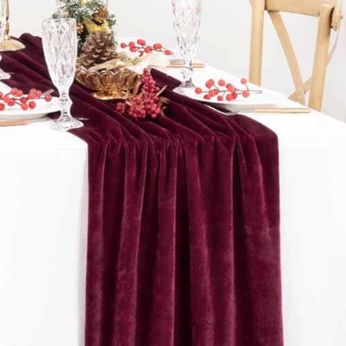 MLMC Burgundy Velvet Table Runner 10ft Wrinkle-Resistant Luxury Decor