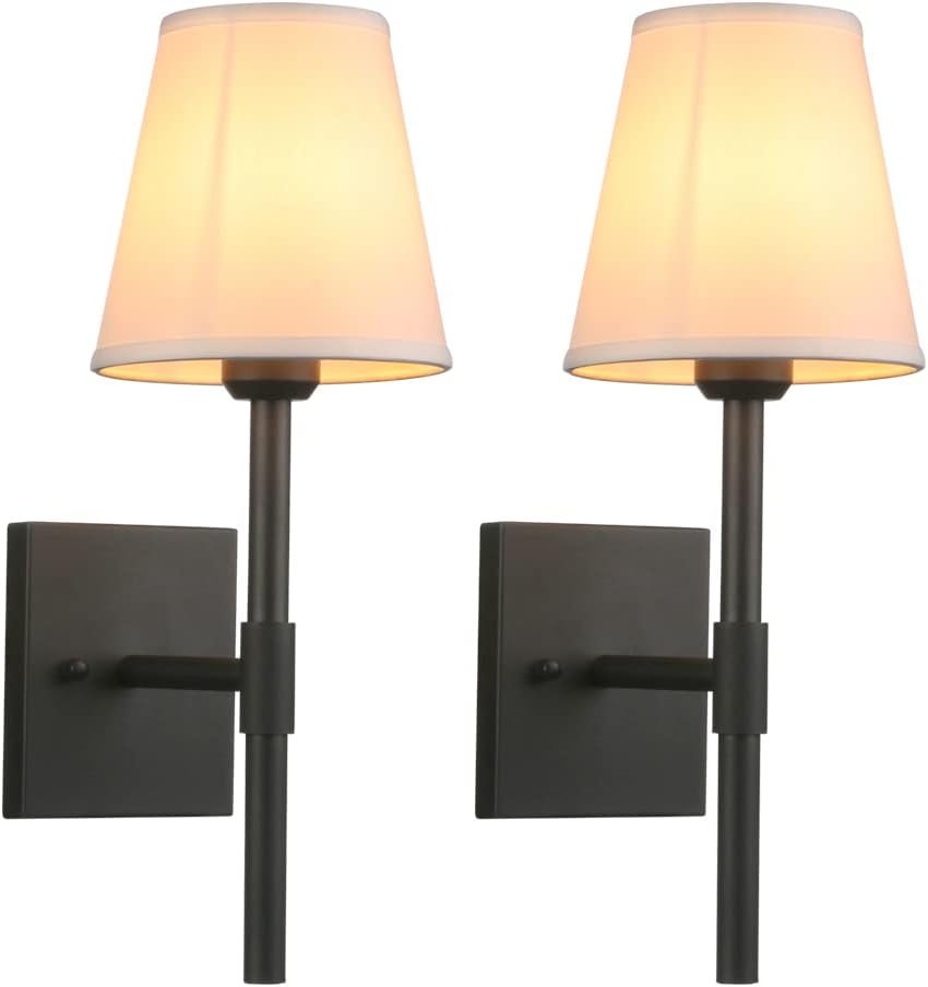 Pathson Set of 2 Hardwired Bathroom Wall Sconces with White Fabric Shade, Cloth Wall Mounted Lighting for Living Room Bedroom Hallway Matte Black Finish Base