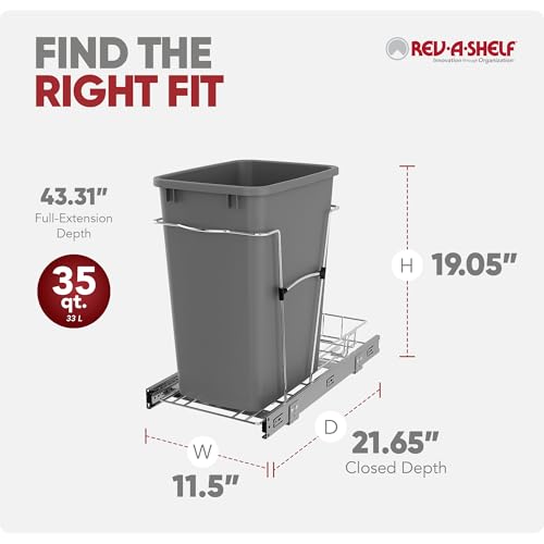 Pullout Trash Can for Kitchen Cabinets 35 Qt Silver - Easy Install