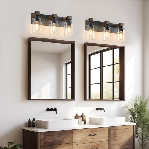 DvmTeom Farmhouse Bathroom Vanity Light Fixture - Black & Wood, 3-Light