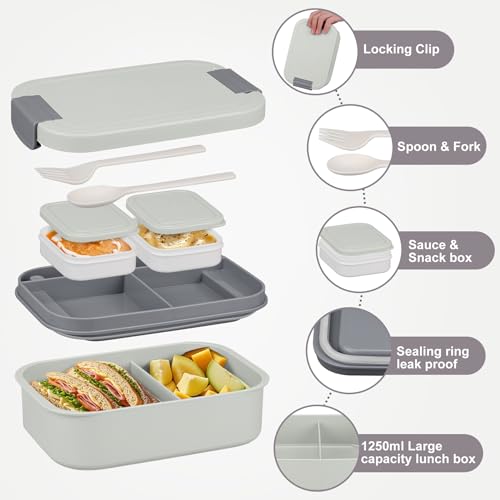 Gray Large Bento Lunch Box Set for Adults & Kids with Soup Thermo & Tumbler