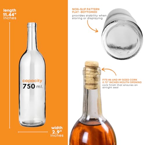 750ml Clear Wine Bottles with Cork and Shrink Sleeves - Bordeaux Style, 12-Pack