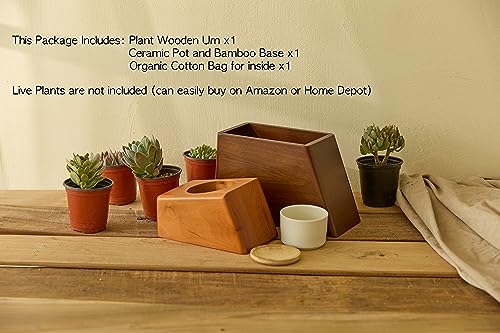 Wooden Cremation Urn for Human Ashes with Ceramic Plant Pot and Bamboo Stand