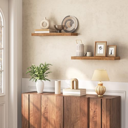 Floating Wall Shelves Set of 2 - Rustic Brown, 23.6 Inches - Wall Mounted Storage & Decor