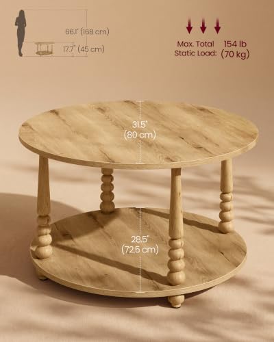 VASAGLE 2-Tier Round Coffee Table with Storage - Natural Brown