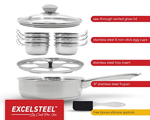 EXCELSTEEL 6-Cup Stainless Steel Egg Poacher with Non-Stick Cups, Induction Compatible