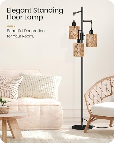 GOEBLESON Farmhouse Dimmable Floor Lamp Tall Standing Tree Lamp with Rope Woven Shades - 70.3" Boho Rattan Floor Light for Living Room Bedroom Office