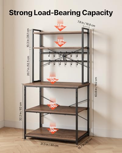 VEVOR 31.5 x 15.7 x 63.7 Inch Walnut Finish Kitchen Baker Rack with Hooks