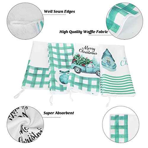 Kajaia 4 Pieces Christmas Teal Kitchen Towels and Dishcloths Merry Christmas Truck Gnome Kitchen Towels Blue Buffalo Plaid Hand Towels Turquoise Blue Dish Towels Teal Christmas Kitchen Decor(Gnome)