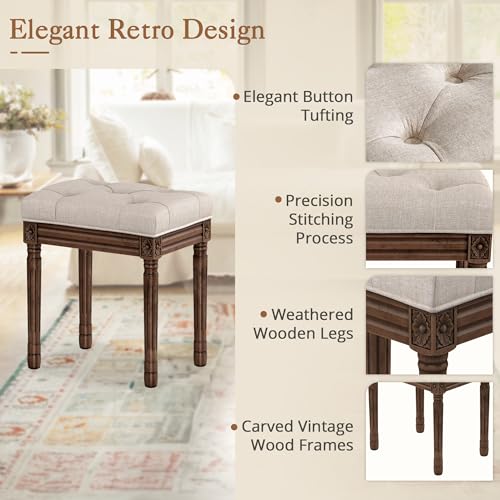 LUE BONA Upholstered Fabric Vanity Bench Seat - Linen & Dark Brown Tufted Ottoman