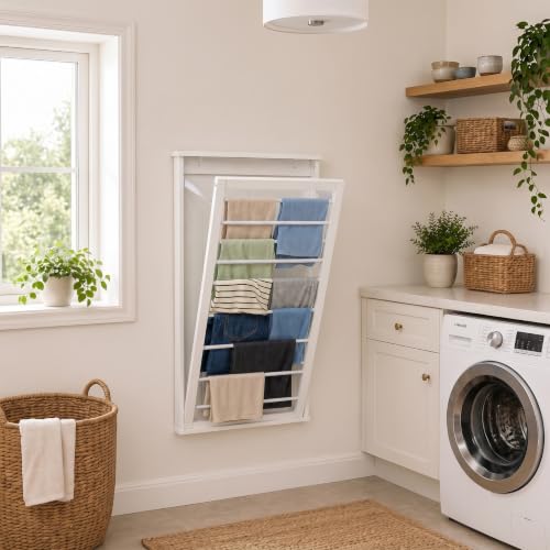 Wall-Mount Wooden Clothes Drying Rack – Supports 30 lb, White, Space-Saving