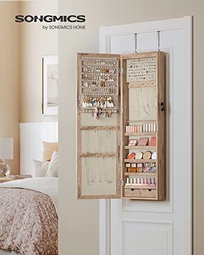 Jewelry Cabinet with Full-Length Mirror & LED Lights - Tall 47.2-Inch, Lockable, Toasted Oak
