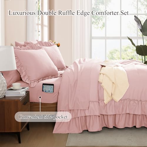 King Size Pink Ruffle Comforter Set - Farmhouse Bed in a Bag, 7 Pieces - Soft & Cozy, Elegant Bedding with Pillowcases - Variation: Soft Pink / King