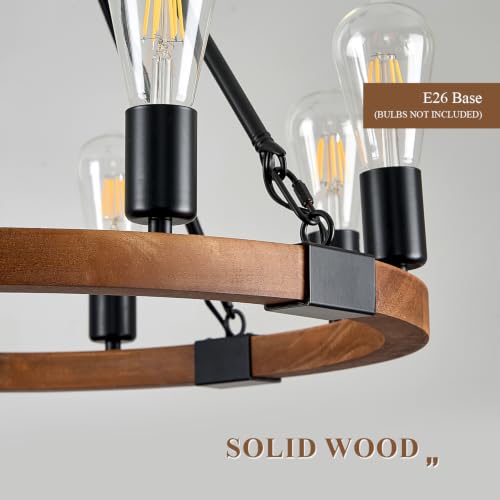Farmhouse Wooden Wagon Wheel Chandelier 8-Light Fixture - Walnut, 23.6"