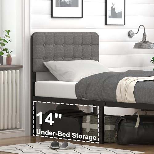 EMODA Twin XL Bed Frame with Upholstered Headboard & Metal Footboard, No Box Spring Needed, Easy Assembly