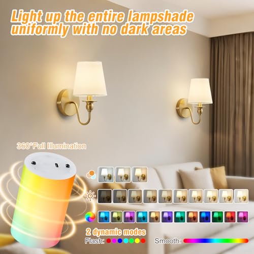 Gold Battery Operated Wall Sconces Set of 2 - Dimmable RGB LED with Remote