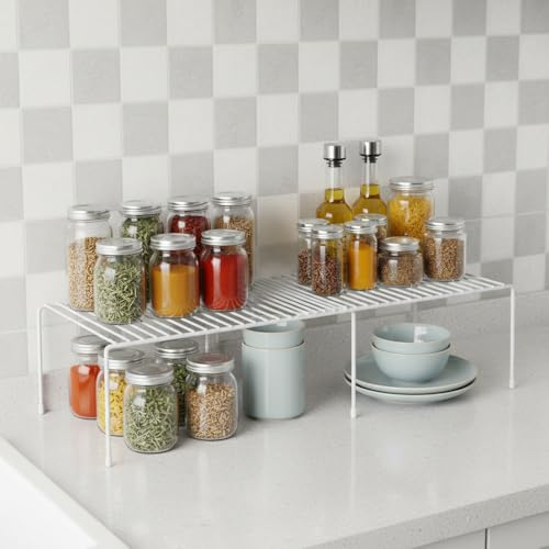 Expandable Kitchen Shelf Rack - 4-Pack Medium White Spice & Pantry Organizer - Space Saving