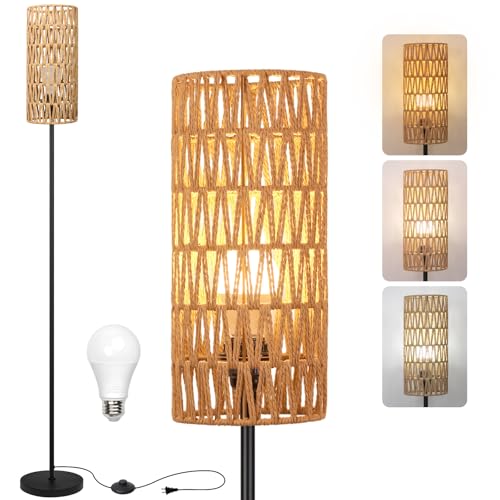 Ruiever Farmhouse Rattan Floor Lamp with 3-Color Bulb and Handcrafted Shade, Tall Black Standing Lamp for Living Room & Bedroom