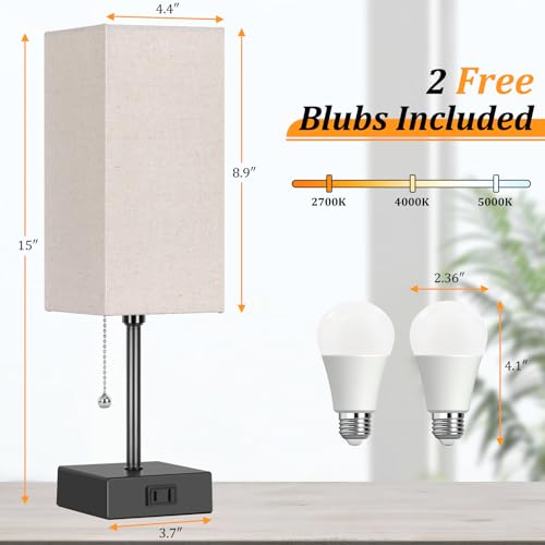 Black Linen 15-Inch Bedside Table Lamp with 3 Color Modes & USB Outlet