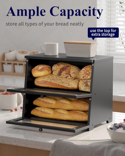 Kitsure Wooden Bread Box with 2-Tier Black Countertop Storage