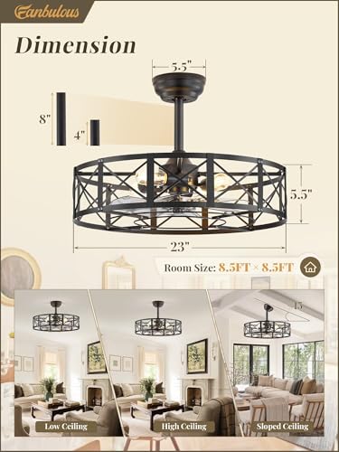 Fanbulous 23-Inch Black Caged Ceiling Fan with Light & Remote Control