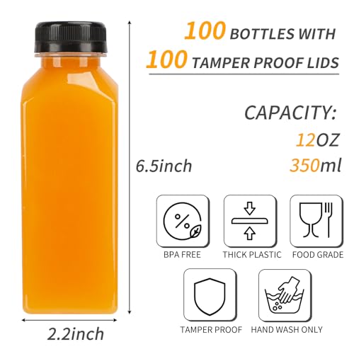 12oz Plastic Juice Bottles with Caps, Labels & Brush - 100 Pack