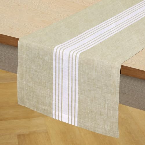 Solino Home 100% Pure Linen Table Runner 14 x 48 in White & Pale Khaki