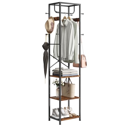 ELYKEN Rustic Brown Freestanding Coat Rack with Shelves & Hooks - Modern Hall Tree
