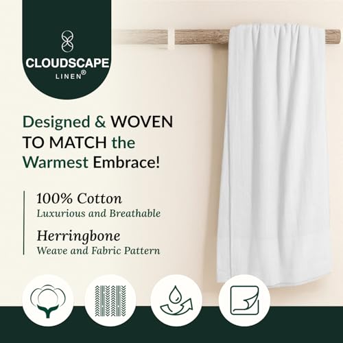 King Size Cotton Blanket - White Herringbone Summer Bed Blanket 108x92 - Soft & Breathable