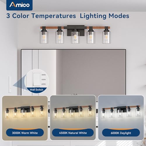 Amico 5-Light Farmhouse Bathroom Vanity Light with Seeded Glass & Black Wood Finish - Rustic Decor
