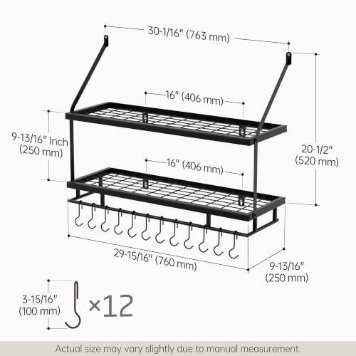 KES 30-Inch Black Wall Mount Pot Rack with 12 Hooks for Kitchen Storage