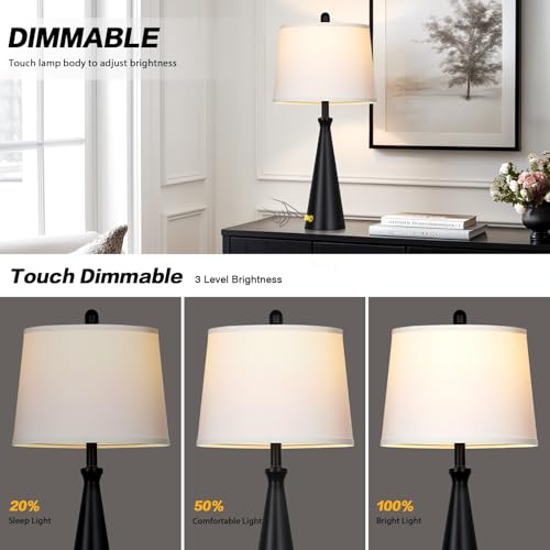 Black 28-Inch Touch-Control Table Lamps Set of 2 with USB Ports - Modern Bedside & Living Room Lighting