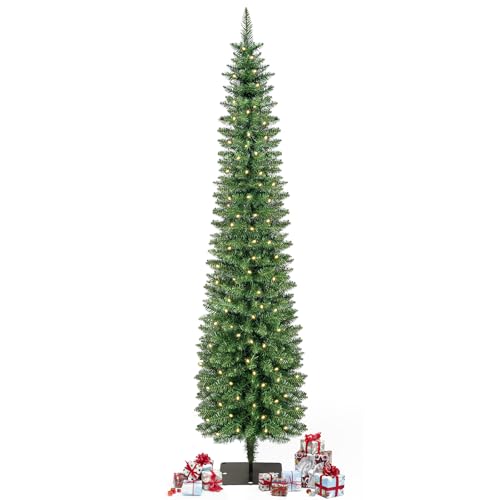 Kungfuking 7ft Green Artificial Christmas Tree Pre-Lit with Warm Lights - Slim Xmas Tree