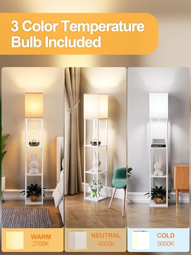 Floor Lamp with Shelves for Living Room White, Shelf 3 CCT LED Bulb,