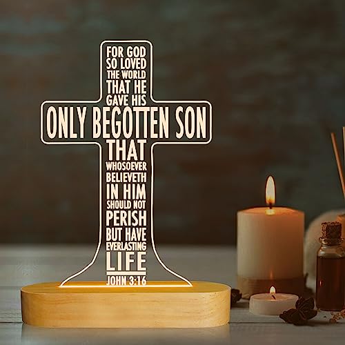 Lampeez Baptism Gift for Kids, Cross Night Light Wooden Novelty Lamp Illusion Decoration USB Power Bedroom Decor Xmas Holiday Christening Dedication Gift for Boy Girl