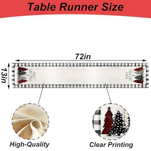 Black White Waterclor Buffalo Plaid Christmas Trees Christmas Table Runners, 72x13Inch Holiday Table Runners Christmas Buffalo Plaid Table Decorations for Home Party Decor