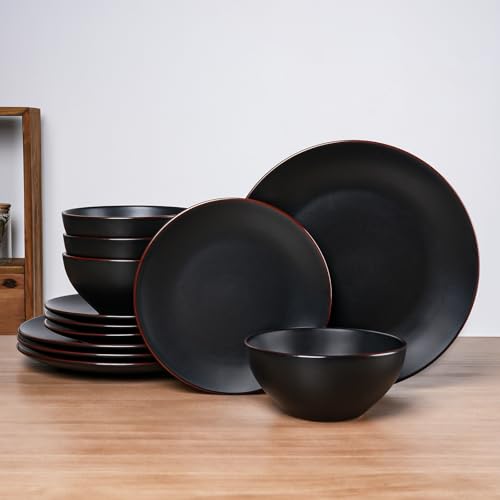 Famiware Black 12-Piece Stoneware Dinnerware Set for 4 - Plates & Bowls