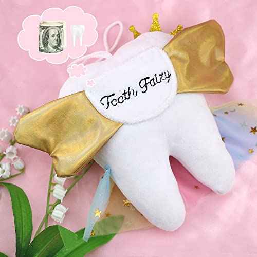 Cute Tooth Fairy Pillow with Wings and Colorful Skirt Tooth Fairy Doll with Pocket on Back Toothfairy Keepsake Gift for Girl and Boys