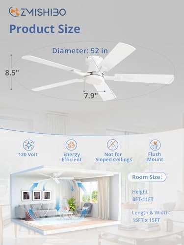 ZMISHIBO 52 Inch Ceiling Fan No Light, Flush Mount Low Profile, White