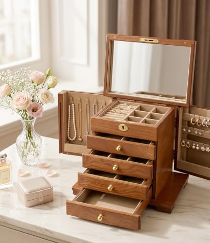 Wood Jewelry Box Organizer with Lockable Drawers & Mirror - 5-Drawer Storage
