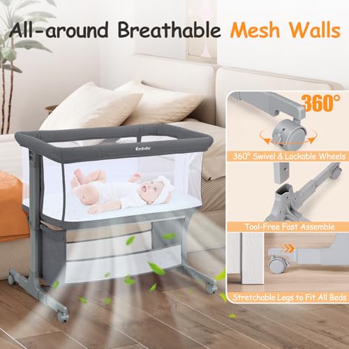 Ezebaby Deep Gray Bedside Baby Bassinet with Adjustable Height & Wheels