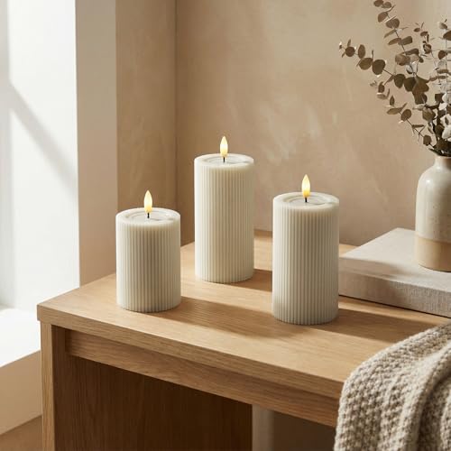 Cream Beige Fluted LED Pillar Candles Set of 3 - Flameless Dimmable Remote