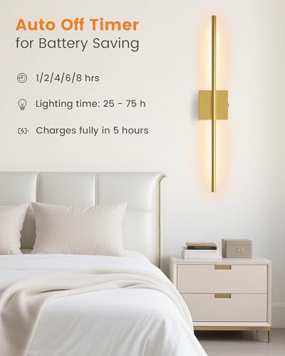 Wireless Battery Wall Sconces Set of 2 - 27.6 Inch Gold Dimmable 3000K-6500K with Remote
