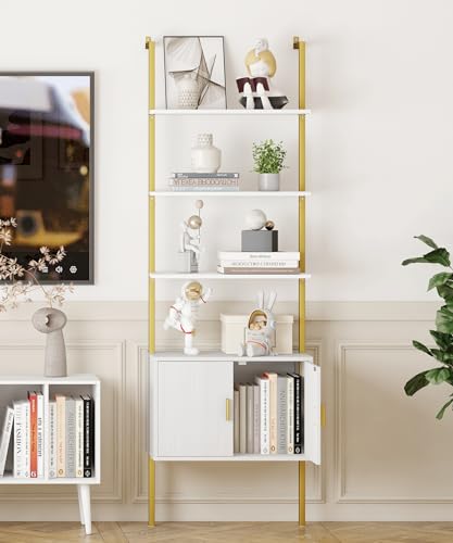 Wall Mount Ladder Bookshelf with Cabinet - 73" Tall White Gold Industrial Wall Shelf