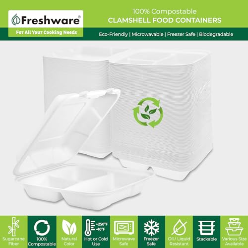 Freshware Clamshell Food Containers with Lids [9x9"] 3-Compartment